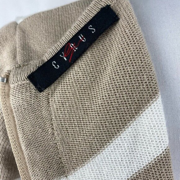 Cyrus Women's Off-White and Tan Striped V-Neck Short Sleeve Knit Sweater S/C34 - Picture 8 of 9